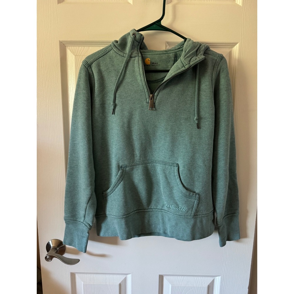 Carhartt Hoodie Women X-Small Teal Green 1/4 Zip Fleece Pullover Sweatshirt